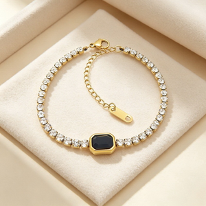 Pulsera de tenis de moda con circonita cúbica brillante con corte esmeralda en el centro, de acero inoxidable, sin níquel, chapada en oro de 18 quilates, para bodas, fiestas y aniversarios - Product Image 2