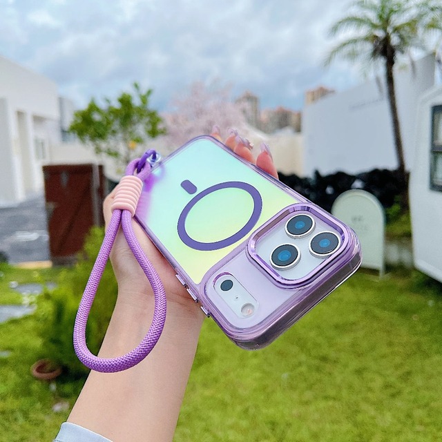 Luxury Chameleon Magnetic Phone Case For iPhone 17 Air 16 15 14 Plus 13 12 Pro max Lanyard Wrist Strap Shockproof Cover Fundas