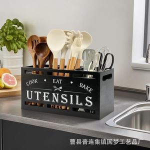 Solid Wood Cutlery Organizer Box With Engraved Utensils <b>Storage</b> <b>Kitchen</b> Drawer Divider Compartment Wooden Box - Product Image 2