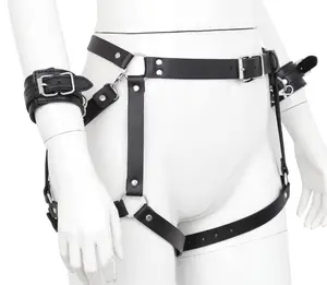 Sexy bondage leather PU chastity pants with handcuffs alternative flirting shorts unisex fetish panties