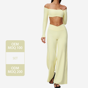New Style Workout Set Off Shoulder <strong>Long</strong> <strong>Sleeve</strong> <strong>Cropped</strong> Built in Bra Sports Yoga <strong>Top</strong> for Women - Product Image 3