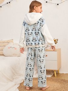 <span class=keywords><strong>Pigiama</strong></span> per mamma e Me con cappuccio con spalle scoperte con stampa <span class=keywords><strong>Panda</strong></span> in flanella termica invernale - Product Image 3