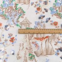 Tissu en tulle brodé de sequins multicolores à motif de pagode, idéal pour robes de soirée, tenues de fête et décorations de mode