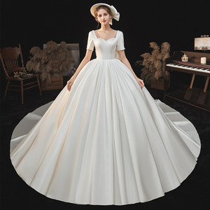 Satin Wedding Dress Ball Gown Sweetheart Neckline Natural Waistline Simple Elegant With Train For Petite Women - Product Image 3