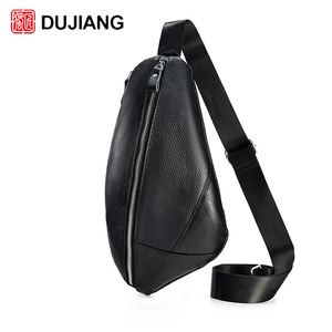 Sac de poitrine en cuir véritable Dujiang pour homme, sac bandoulière noir, tendance, usage quotidien, couleur unie, motif lychee - Product Image 5