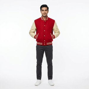 Blouson universitaire homme style streetwear hiver 2026 personnalisé, couleur sur mesure, 100% coton, col montant, manches en cuir sur le devant - Product Image 1