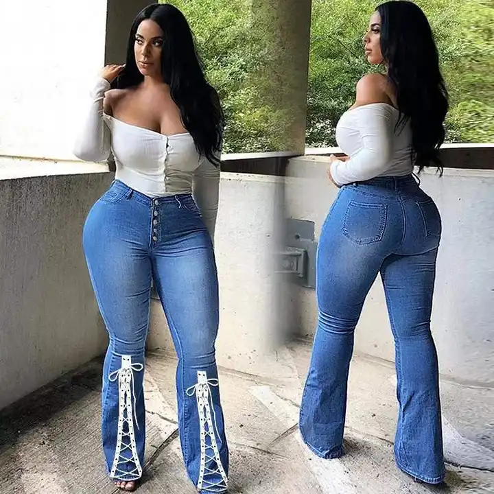 Wholesale ZHEZHE New arrivals bell bottom jeans pants with bandage high  waist flared denim jeans pants women's trousers street wear From  m.