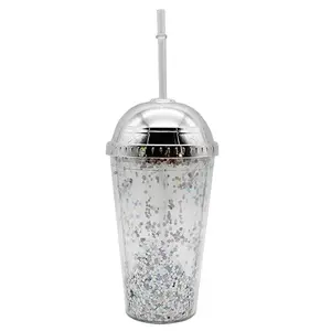 16oz Plastic confetti glitter acrylic sipper tumbler wine tumbler with lid and straw water bottle