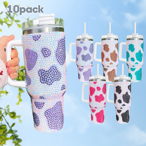 20PACK US Warehouse RTS Super Sparkly stainless steel <strong>Cowprint</strong> rhinestone bling studded mugs tumblers 40oz with handle - Product Image 3