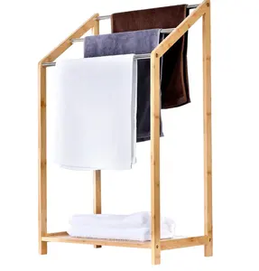 3 Lagen Bamboe Draagbare Slaapkamer Badkamer Staande Douche Droog Handdoekenrek, Houten Outdoor Handdoek Houder Rek Voor Zwembad