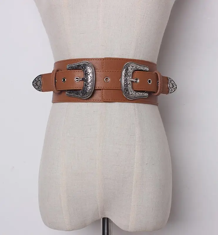 Hot Women Lady Vintage Boho Western Metal Leather Double Buckle Elastic Stretchy Waist Belt Waistband