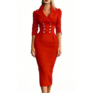 Robe moulante mi-longue à col revers et double boutonnage pour femme - Manches longues - Tendance - Product Image 1