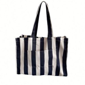 Vertical Stripes Natural New Recycled Custom Cotton Canvas Tote Shopping <b>Bag</b> with Multiple Pockets Canvas <b>Bag</b> - Product Image 2