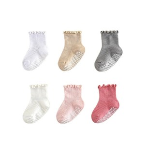 Chaussettes antidérapantes à pois pour enfants avec poignets à volants, en coton respirant, pour l'apprentissage de la marche en intérieur, unisexe, pour bébés - Product Image 5