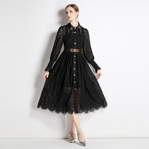 Nouvelle arrivée, robe longue élégante pour femme, manches longues, col rabattu, crochet, longue robe en dentelle <span class=keywords><strong>noire</strong></span> avec <span class=keywords><strong>ceinture</strong></span> - Product Image 4