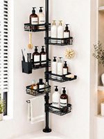Étagère de douche d'angle à 6 niveaux avec barre télescopique, 25-109,4 pouces, noire |   Étagères de salle de bain en acier inoxydable antirouille, hauteur réglable