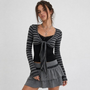 Trendy Y2K Streetwear Slim Fit Knitted 2Pcs Set Lace Trim Cami <b>Top</b> + Long Sleeve <b>Crop</b> <b>Top</b> for Women Casual Party Outfit - Product Image 5