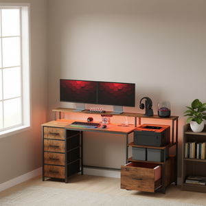 Scrivania per Computer Rustica Marrone 67 con Prese di Corrente, Luci LED, Armadietto Portadocumenti e Cassetti in Tessuto - Product Image 2