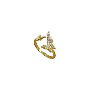 2024 Trendy The Most Popular Gold Plated Brass Polished Sweet Adjustable Rings Diamond Rings Butterfly Rings For Women