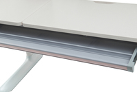 Bureau d'étude ergonomique rose poudré pour enfants, réglable en hauteur par manivelle, avec étagère latérale séparée et panneau perforé inclinable