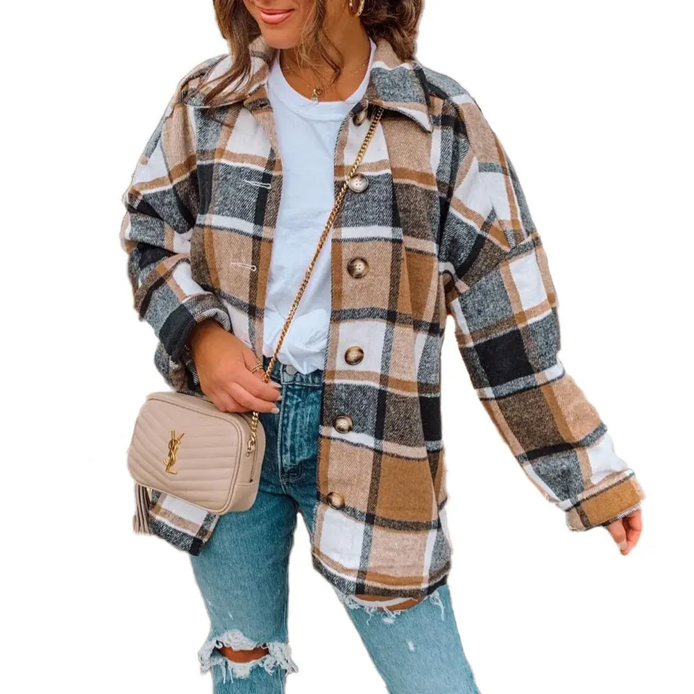 Colorful Classic Women's Shirt Jacket Wholesale Clothing Personalized Soft Plaid Turn Down Collar Women Coats