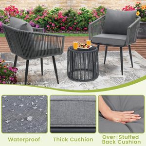 Hot Sale in Europe Outdoor All-Weather <strong>Grey</strong> 3 Pieces Patio Rattan <strong>Bistro</strong> Conversation <strong>Set</strong> with Cushion for Balcony and Backyard - Product Image 4