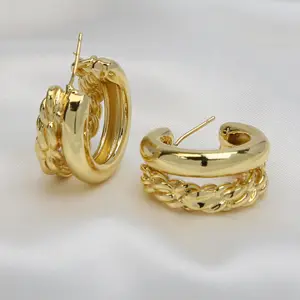 wholesale Brass plated 24k gold plated antique Fried Dough Twists double ring earrings fashionable women jewelry ear buckle