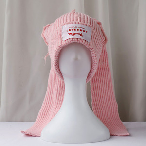 Personalized Label Winter Warm Knit Cute Fluffy Crochet Bunny Long Rabbit Ears <strong>Funny</strong> <strong>Beanie</strong> <strong>Hat</strong>