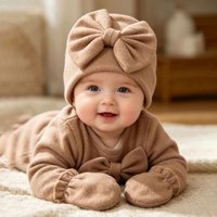 Gorro de Algodón Sólido para Bebé Recién Nacido + Juego de Manoplas Antiarañazos con Lazo Grande