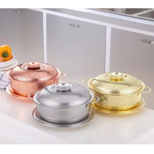 Cesta de Frutas de Acero Inoxidable con Doble Asa y Tapa, Recipiente Redondo Multifuncional para Alimentos de Cocina, Plateado, Dorado, Rosado - Product Image 1