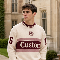 Pull-over Homme en Gros Style Rétro Universitaire Preppy avec Badge CF Laurel et Rayures Horizontales Personnalisables (Lettre et Numéro)