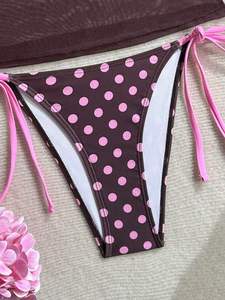Top Selling <b>Brown</b> Pink Polka Dot Three Piece <b>Bikini</b> Pearl Decor Triangle Top Mesh Camisole Cover Up Side Tie Women Swimwear - Product Image 3