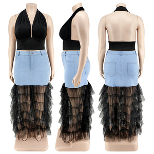 Produits populaires 2022 été nouveau lavage Denim et fil <span class=keywords><strong>net</strong></span> jupe sexy personnalisée - Product Image 2