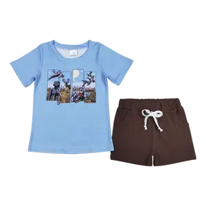 BSSO0488 Hound and duck print sky blue short sleeved brown shorts high quality wholesale boys and girls clothing sets