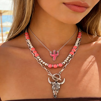 Collier en alliage style bohème western vintage pour femme, avec perles animalières bleues, roses et turquoise, colliers superposés style cowboy, bijoux de mode