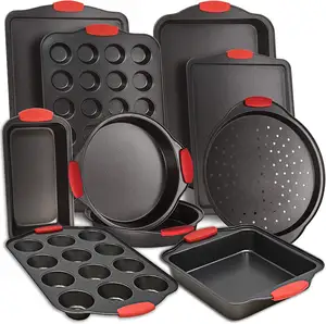 10 buah grosir kualitas tinggi Baking Pan Set Non stick karbon baja Oven Bakeware dapur Set dengan pegangan silikon