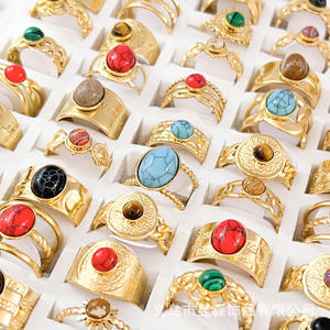 Xxi विंटेज शैली फ्रेंच प्राकृतिक पत्थर स्टेनलेस स्टील की अंगूठी 18k सोने की प्लेटेड अंगूठी मिश्रण थोक रत्न - Product Image 4