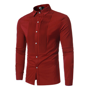 Chemises pour hommes, nouvelle mode 2024, taille européenne, manches longues, col à revers, boutons sur le devant, design plissé, hauts pour jeunes hommes, <span class=keywords><strong>chemise</strong></span> décontractée - Product Image 3