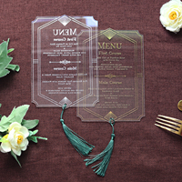 Tarjeta de Menú de Boda de Acrílico Transparente de Alta Calidad con Borla Verde para Bodas Elegantes y Otros Eventos