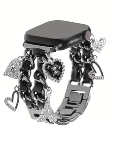 Correa de reloj de metal de doble cadena con dijes de diamantes de imitación brillantes, correa de repuesto para reloj inteligente de mujer - Product Image 4