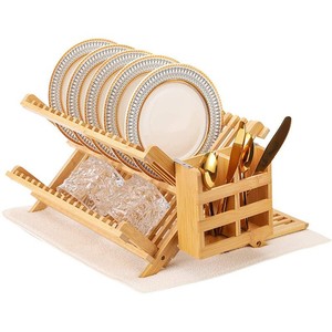 Escurridor de platos de madera de doble capa, plegable, de bambú, para almacenamiento de platos y tazones en la cocina. - Product Image 3