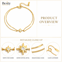 Vente en gros de bijoux pour femmes en acier inoxydable 316L plaqué or 18K PVD, avec perles en zircon, double couche, étoile, imperméable, réglable, deux chaînes