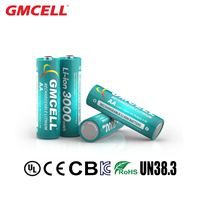 بطاريتان ليثيوم قابلتان للشحن GMCELL 14500 AA بجهد 1.5 فولت وسعة 3000 مللي واط/ساعة (2000 مللي أمبير/ساعة) مع 1000 دورة شحن، مناسبة للمصابيح اليدوية والفأرات