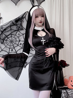 Femmes Halloween Sexy Nun Cosplay Costume Vampire Cross Dark Gothic Style Robe de nonne noire avec couvre-chef Carnaval Roleplay Clothes