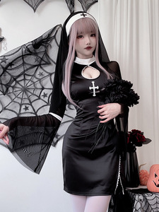 Mujeres Halloween <span class=keywords><strong>Sexy</strong></span> monja Cosplay disfraz vampiro Cruz estilo gótico oscuro negro vestido de monja con tocado carnaval ropa de juego de rol - Product Image 2