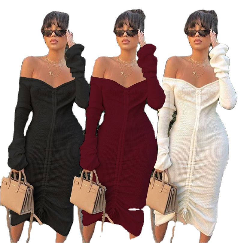 Женское облегающее платье-карандаш средней длины, с открытыми плечами и длинным рукавом