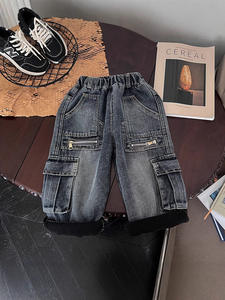 Jeans en molleton pour enfants-Pantalons longs épais et chauds pour garçons d'hiver-Pantalons de travail rétro multi-poches - Product Image 5