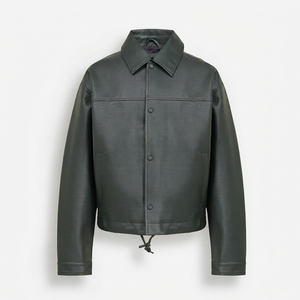 Veste unisexe haut de gamme en similicuir vert foncé, imperméable, à fermeture éclair, avec capuche et col montant, style streetwear décontracté - Product Image 1