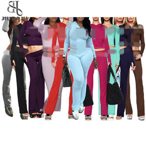 Hottie Sporty 2 Parça Takım Kadın Kapüşonlu Fermuarlı Harfli Baskılı Crop Top ve İspanyol Paça Çizgili Tatlı Seksi Esnek Dar Pantolon - Product Image 1