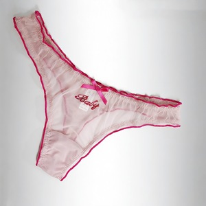 Tanga de punto fino de cintura media con encaje de malla transparente y lazo decorativo, ropa interior sexy y cómoda para chicas. - Product Image 3